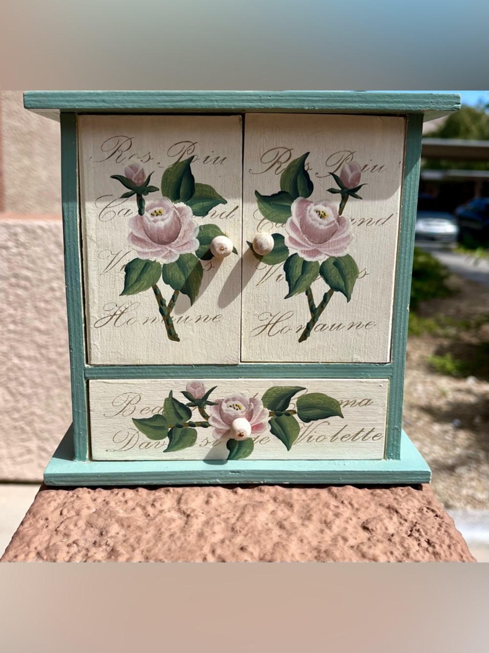 Hand-Painted Floral Jewelry Box in Mint and Pink